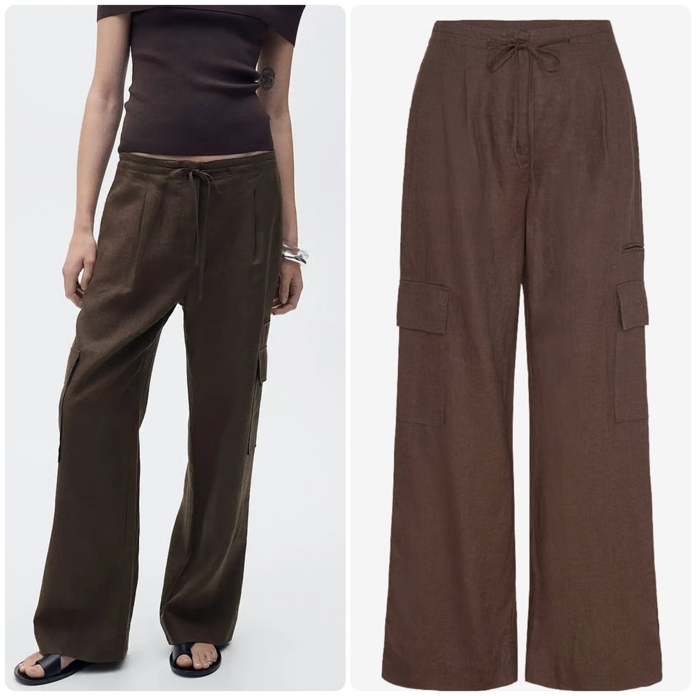 Mango Womens‎ Brown 100% Linen Beachy Lagenlook Cargo Utility Trouser Pants 8